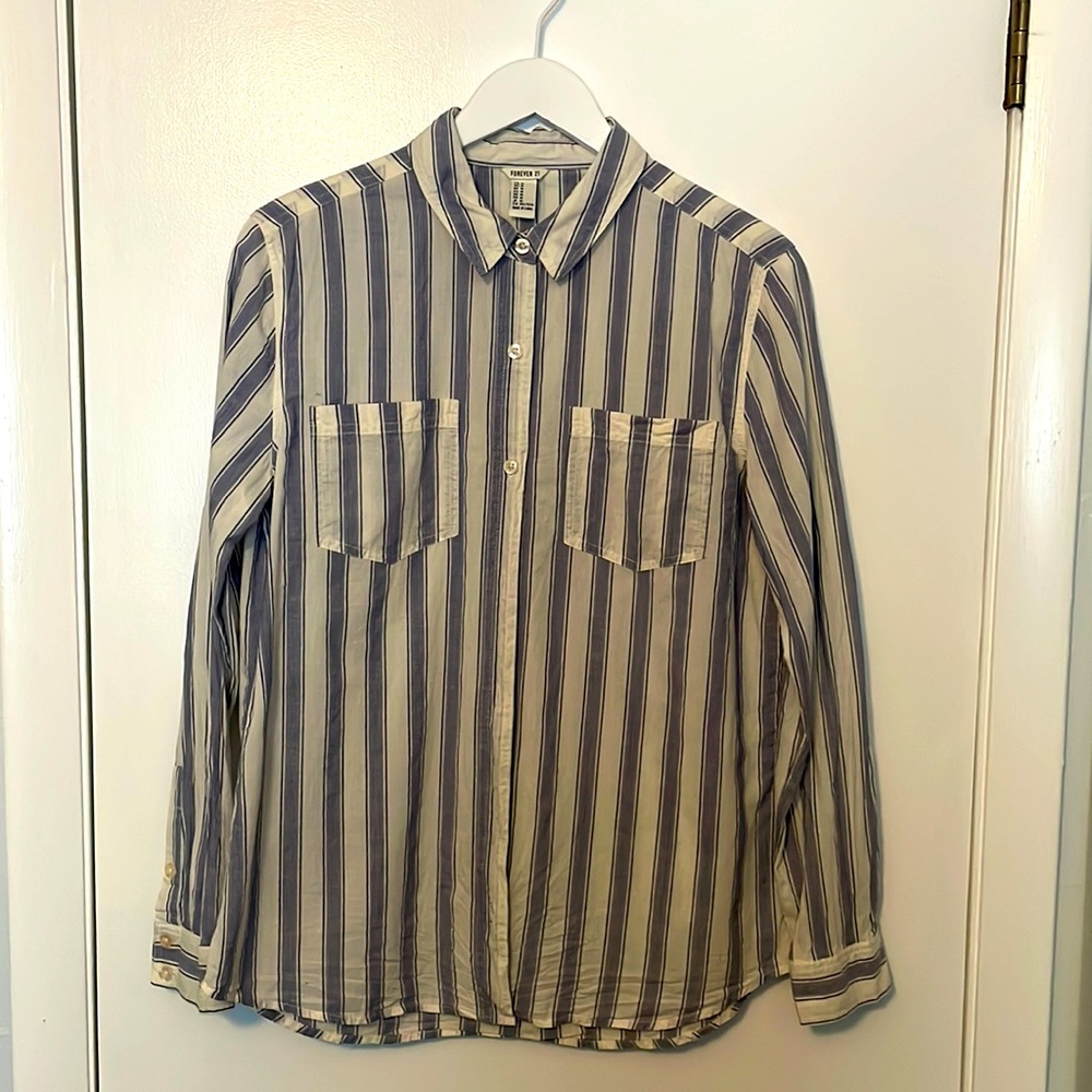 Forever 21 Vertical Stripped Button Down Shirt in White and Blue